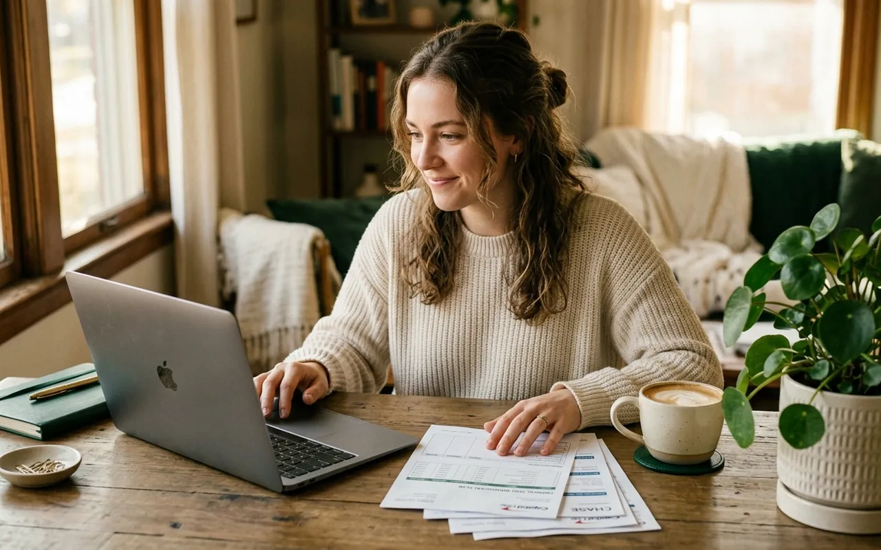 A person organizing bills to consolidate multiple debts into one payment