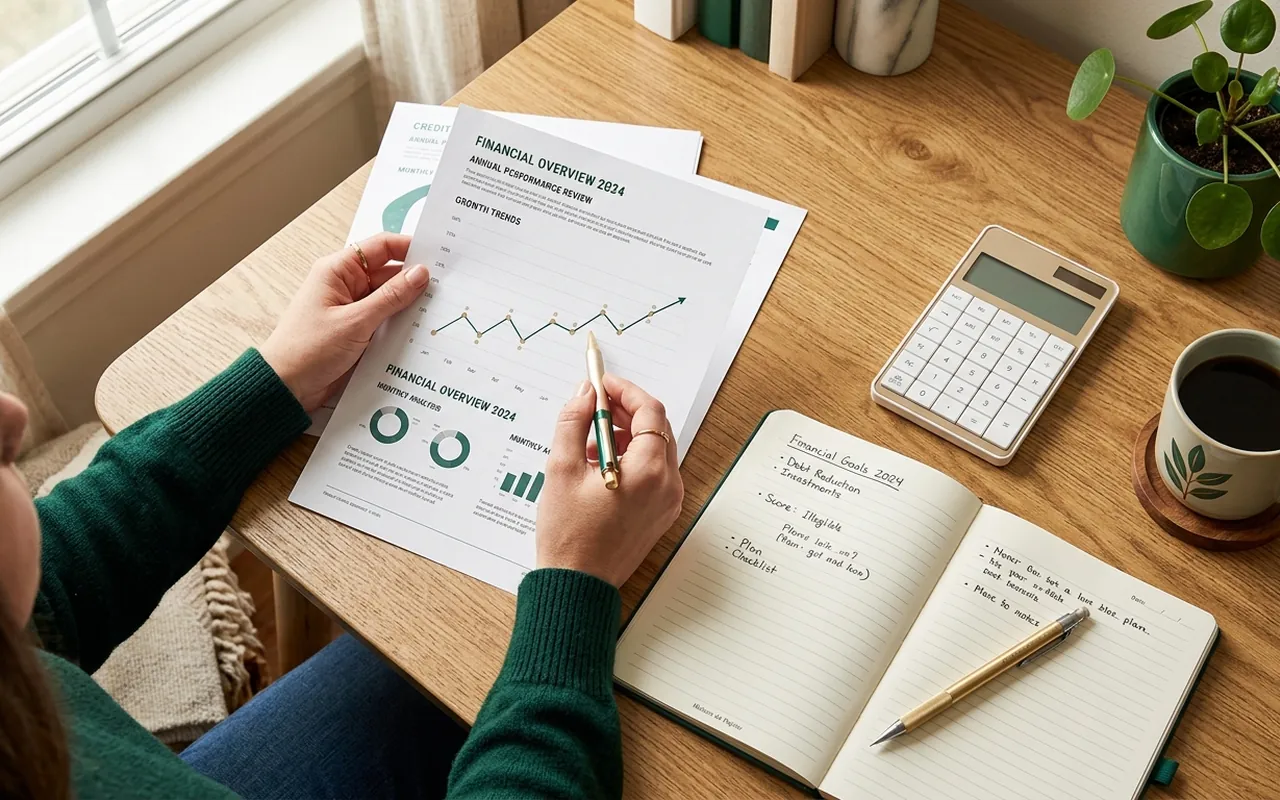 A person reviewing a credit report with a notebook and calculator