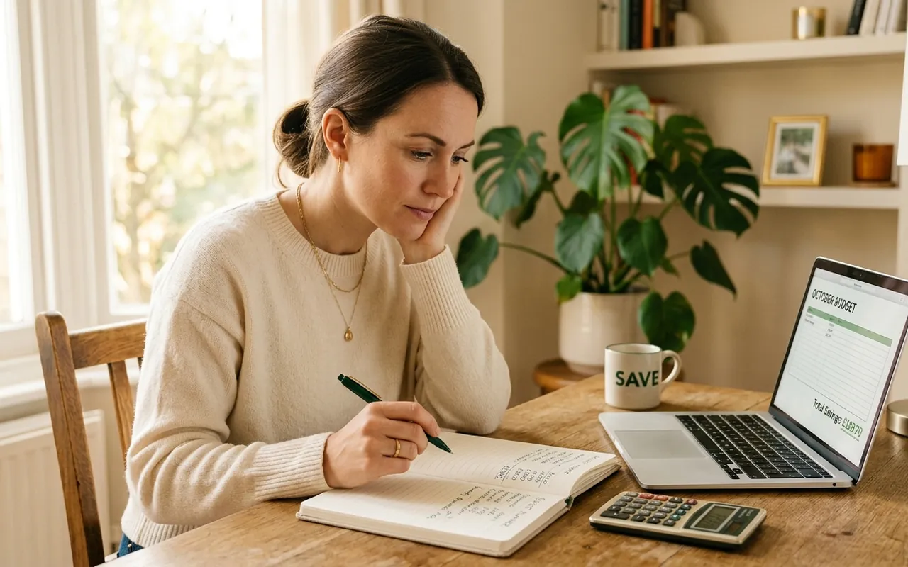 A person at a desk with a budget worksheet and calculator estimating how much they can borrow