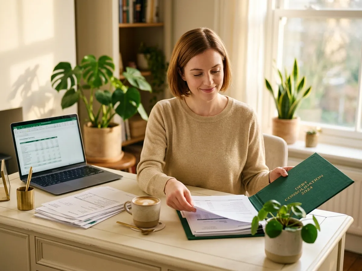 A person at a kitchen table combining several credit card and loan statements into one organized monthly budget